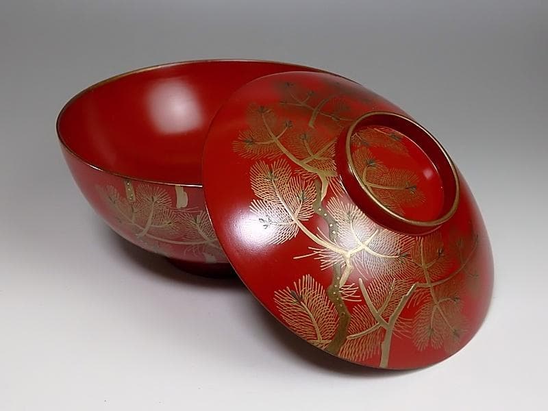 金蒔絵　若松の図　朱塗吸物椀　木製品　５客　A-FFm