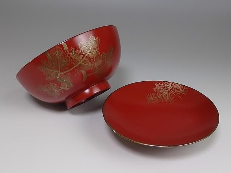 金蒔絵　若松の図　朱塗吸物椀　木製品　５客　A-FFm