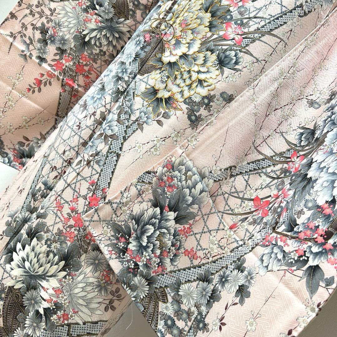 384 振袖フルセット 正絹 ピンク 桃 金彩 刺繍 駒刺繍 フェミニン 総柄