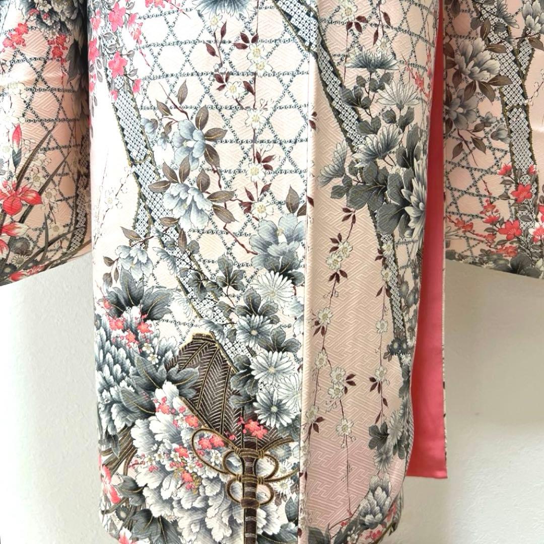 384 振袖フルセット 正絹 ピンク 桃 金彩 刺繍 駒刺繍 フェミニン 総柄