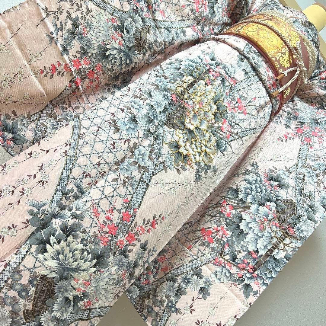 384 振袖フルセット 正絹 ピンク 桃 金彩 刺繍 駒刺繍 フェミニン 総柄