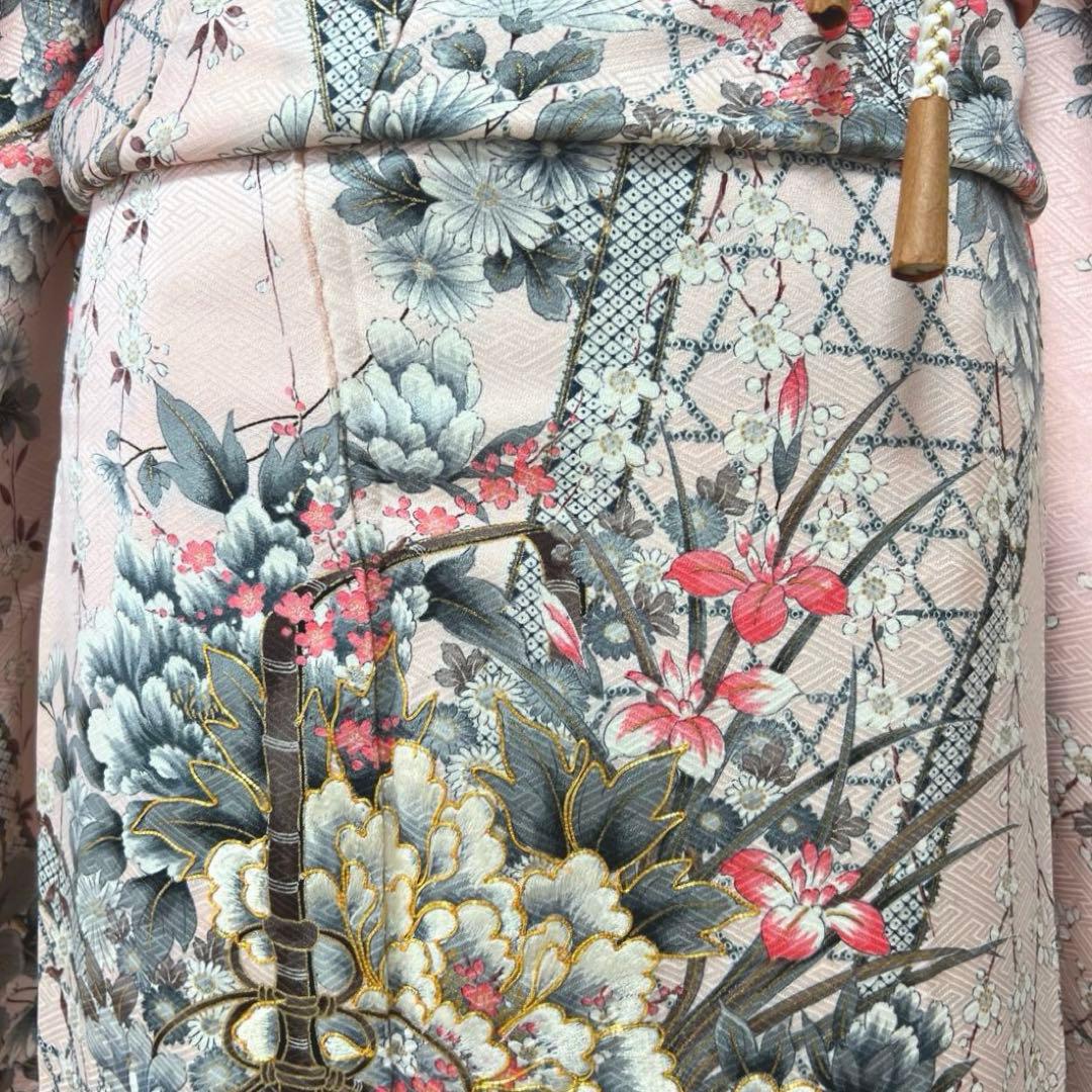 384 振袖フルセット 正絹 ピンク 桃 金彩 刺繍 駒刺繍 フェミニン 総柄
