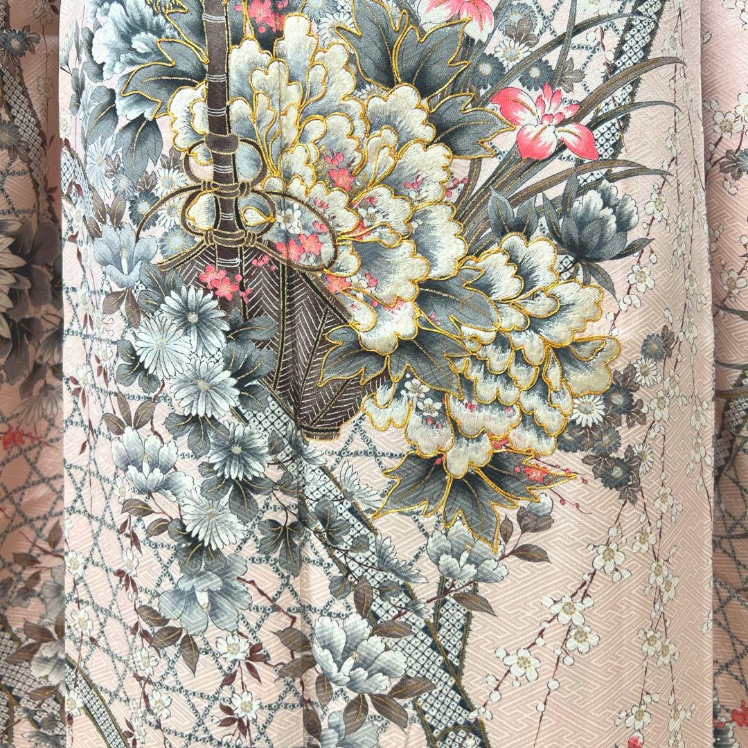 384 振袖フルセット 正絹 ピンク 桃 金彩 刺繍 駒刺繍 フェミニン 総柄
