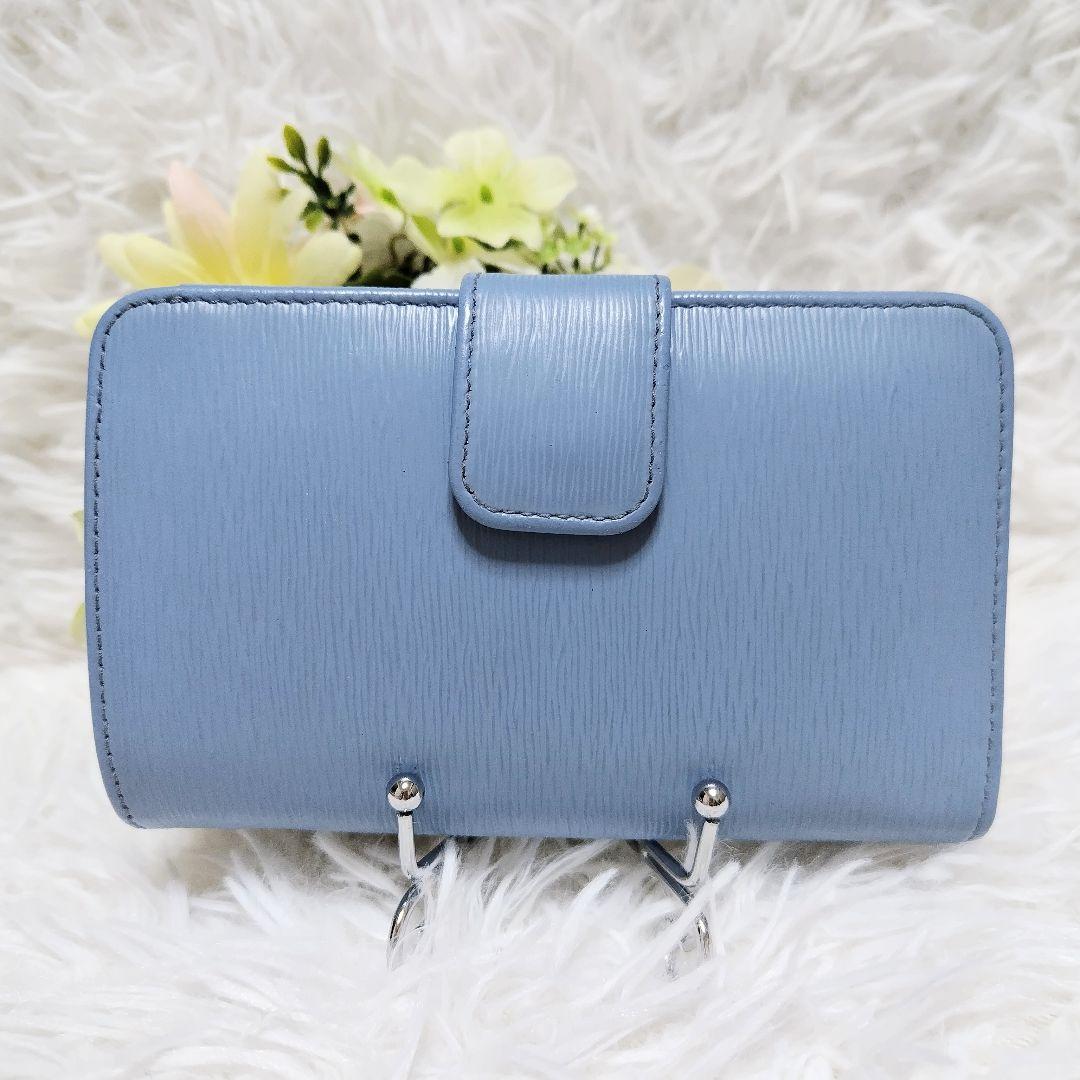 レア極美品✨プラダ◇バイカラーミディアム二つ折り財布　ゴールド金具ネイビーブルー