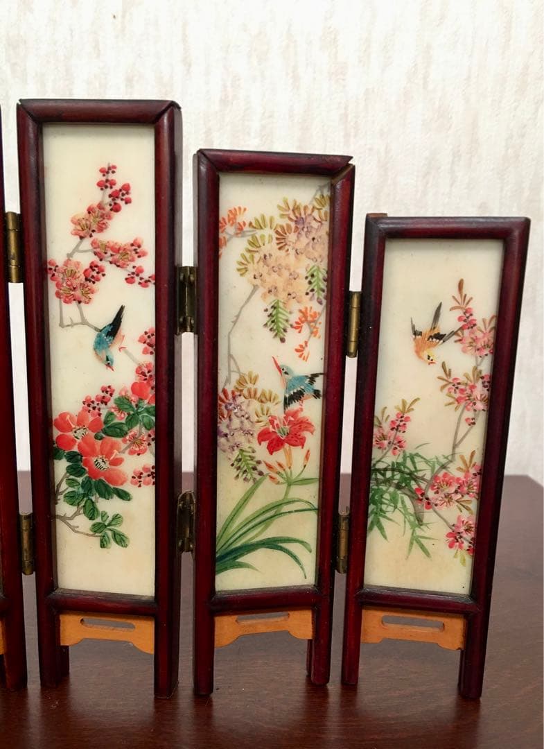 ★中国美術工芸品　天然石　ミニ屏風　両面飾り　風景画　花画