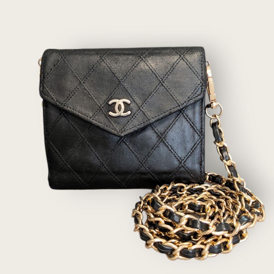 シャネル　ビコローレ　Wホック折り財布　ラムスキン　黒　ミニ財布　ショルダー