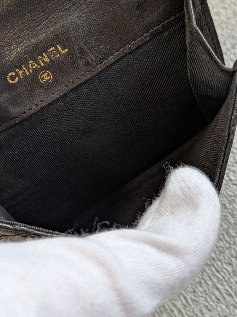 シャネル　ビコローレ　Wホック折り財布　ラムスキン　黒　ミニ財布　ショルダー