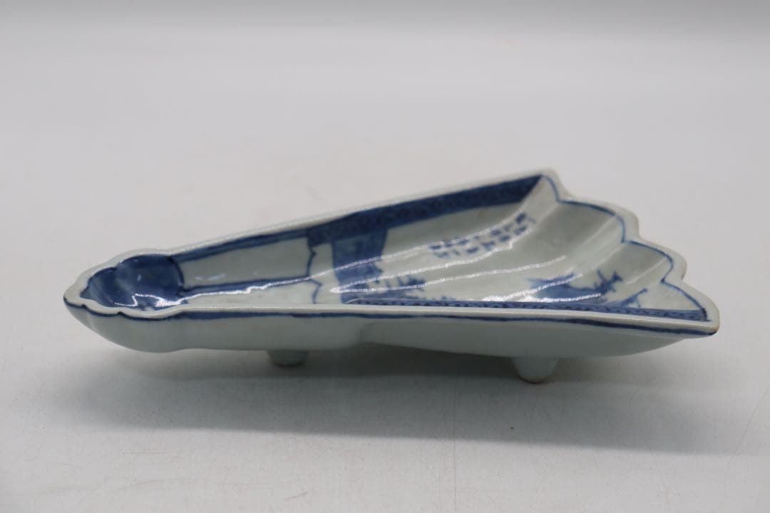 古染　扇型山水人物紋皿5点　送料込み250115