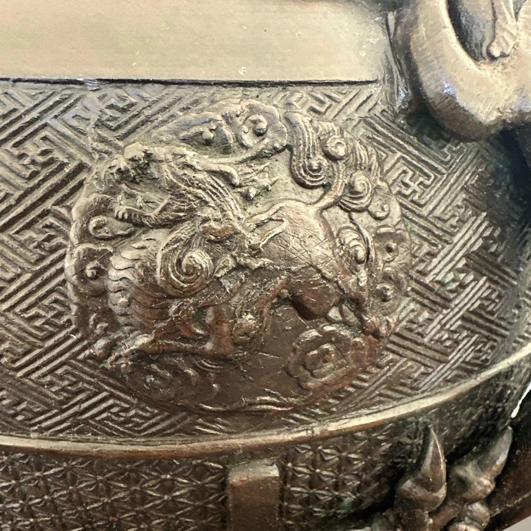 【アンティーク　骨董品】真鍮製　銅製耳付き花瓶　龍　鳳凰　茶道具　銅鉄器　縁起物