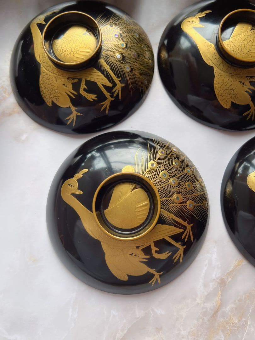 アンティーク　輪島塗 黒塗　孔雀　金蒔絵　細工 漆器 吸物雑煮汁椀 吸物椀
