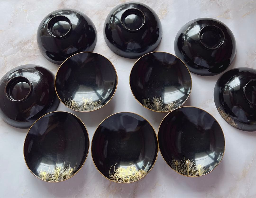 アンティーク　輪島塗 黒塗　孔雀　金蒔絵　細工 漆器 吸物雑煮汁椀 吸物椀