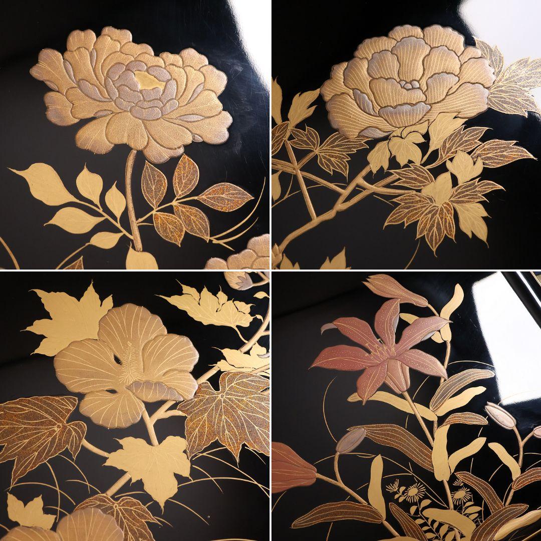 木製漆器 草花 絵変蒔絵 蝋色塗 吸物膳 十客 足付 四方膳 梨地【CM282】