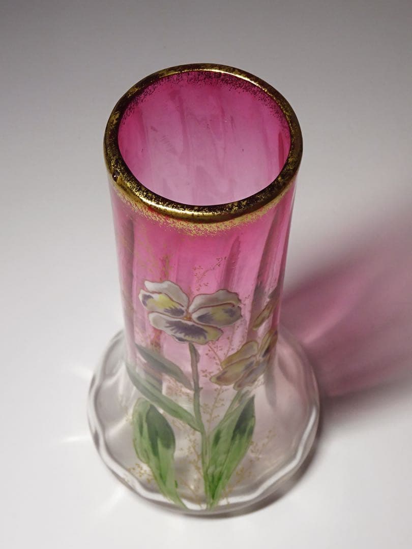 20世紀初頭 フランスアンティーク 金赤ガラス エナメル・金彩スミレ図花瓶 花器