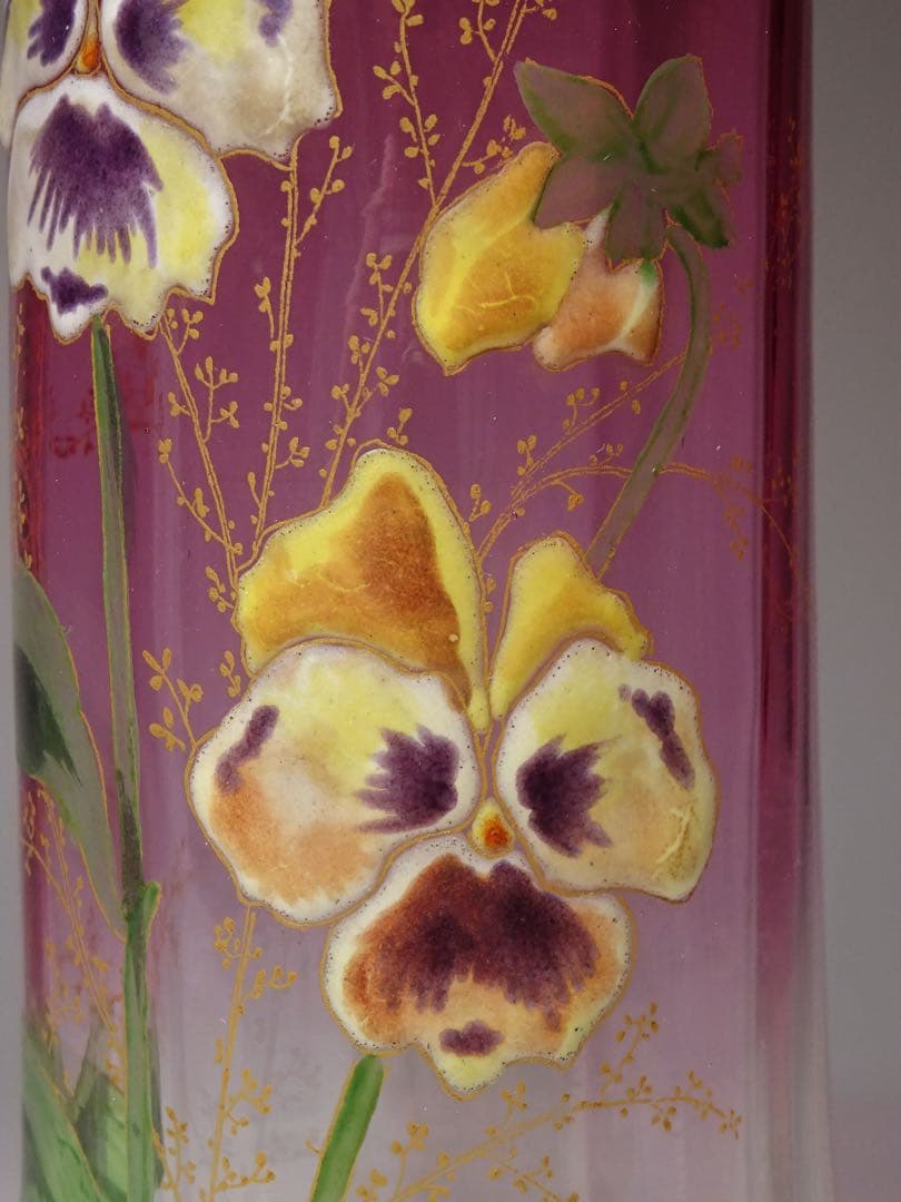 20世紀初頭 フランスアンティーク 金赤ガラス エナメル・金彩スミレ図花瓶 花器