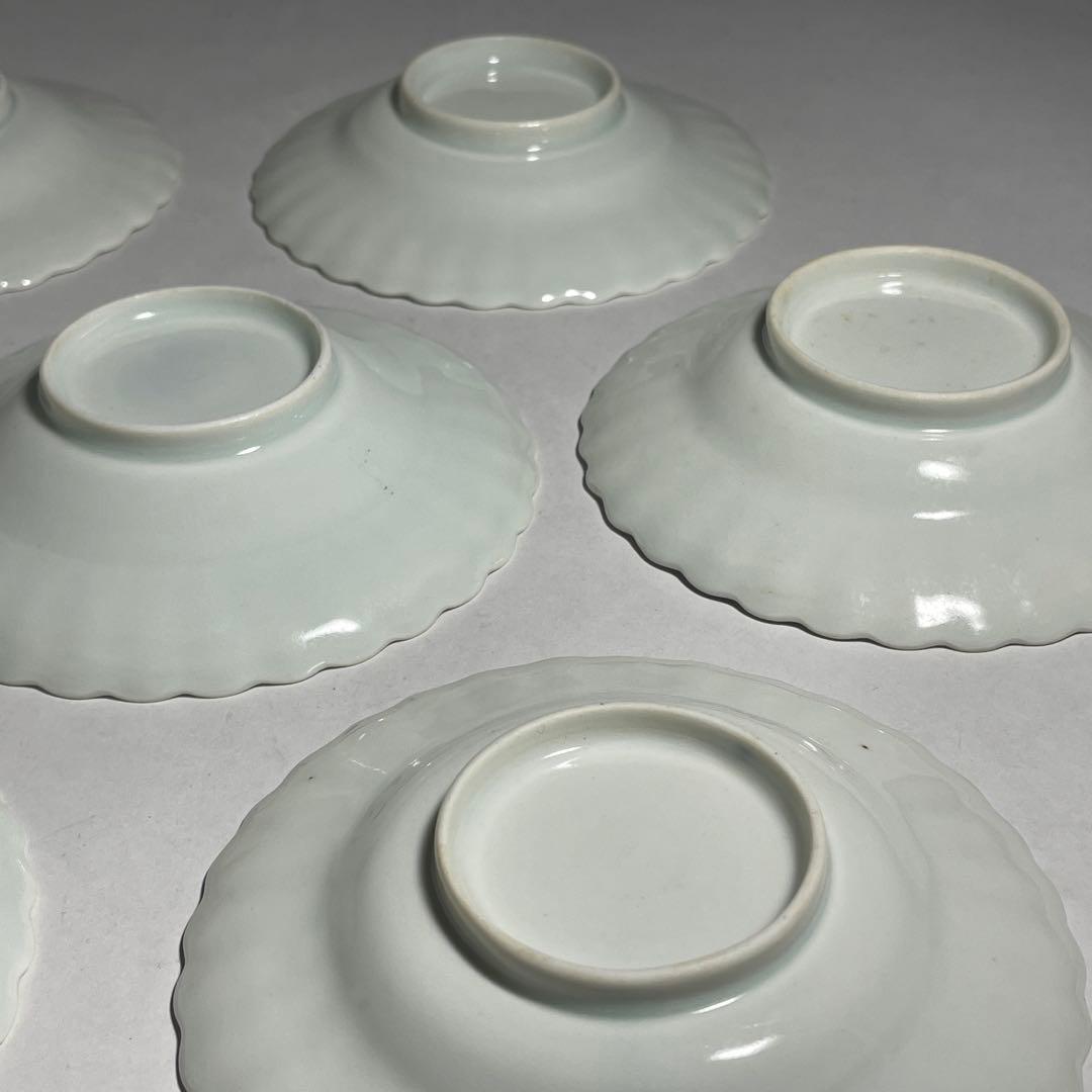 ◆染付菊形輪花皿7枚 花文 小皿中皿 旧家蔵出し品 美品 江戸幕末期〜明治初期◆
