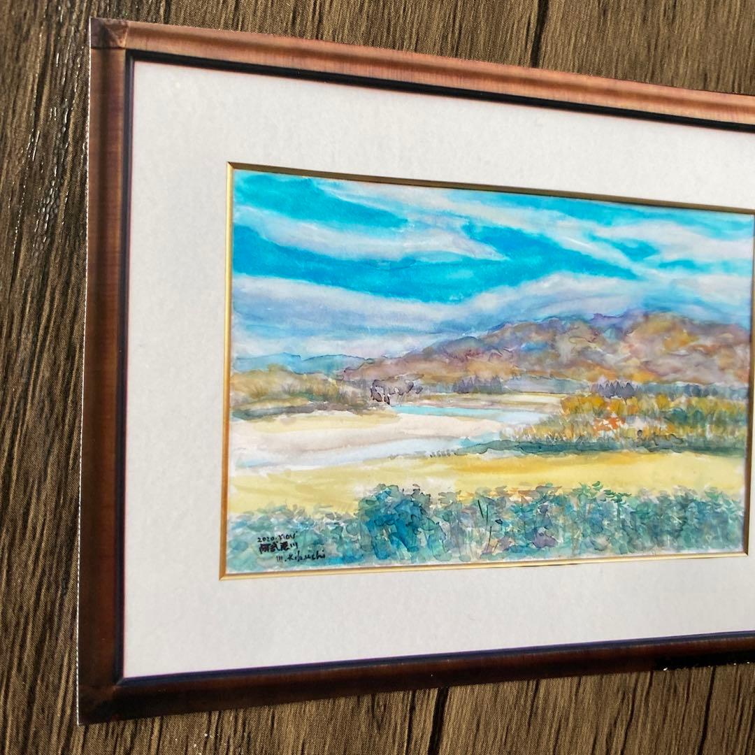 絵画　水彩画　風景画　原画　P10「阿武隈川」菊地正則　美品　額付き　サイン