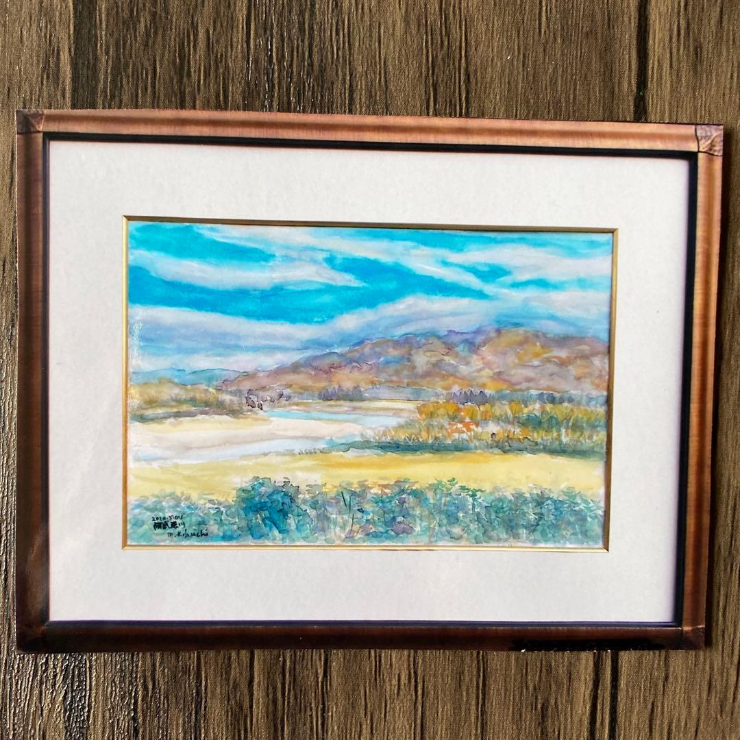 絵画　水彩画　風景画　原画　P10「阿武隈川」菊地正則　美品　額付き　サイン