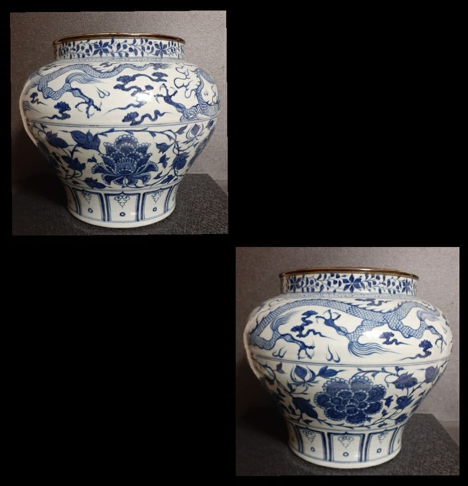中国美術　中国陶磁器　青華染付　元染付明朝染付　雲龍に牡丹図　酒会壺　大壺　古玩