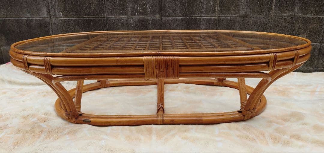 KAZAMAラタン 籐 大型ガラスローテーブル 座卓 風間カザマ ちゃぶ台 木製