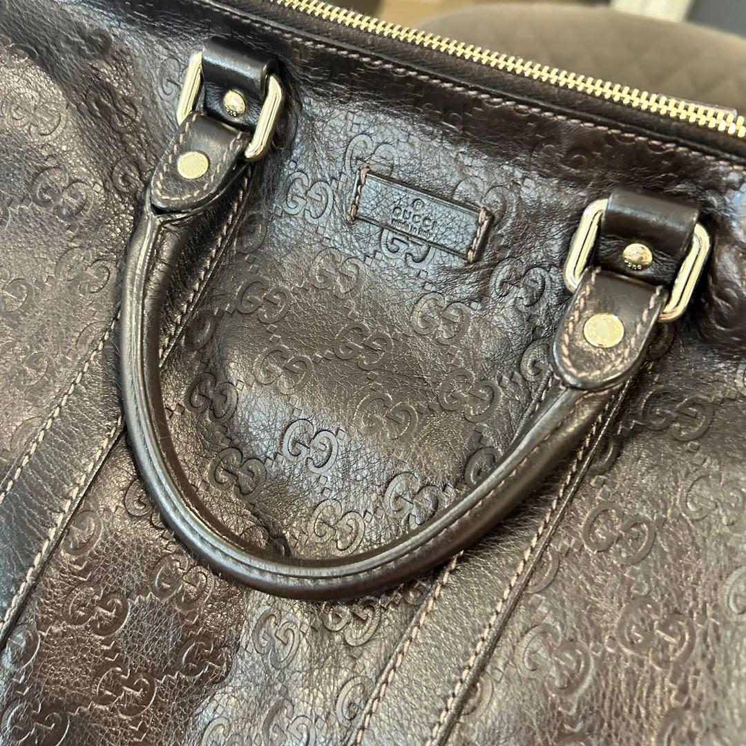 値下げ【GUCCI】グッチ シマレザー ユニセックス ボストンバッグ　茶