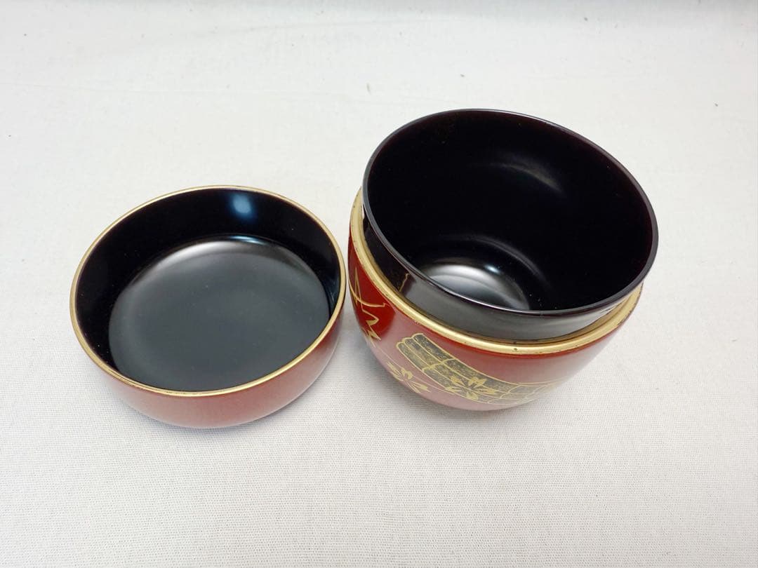 未使用 茶道具 桐木地 茶通箱 木製朱塗 金彩蒔絵棗 大津袋 桶谷定一 茶入仕覆