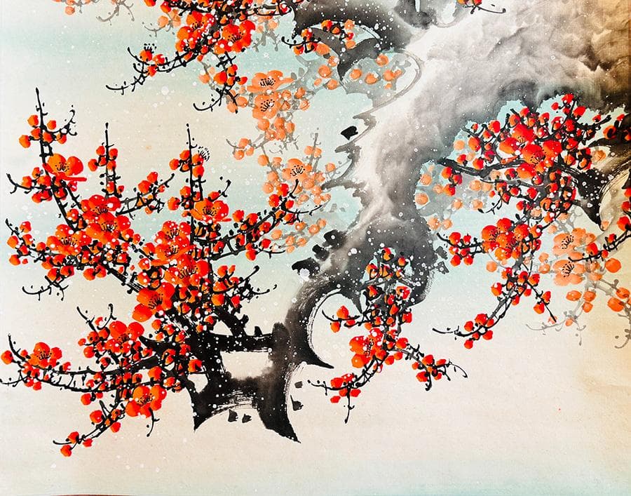 中国美術 報春図 梅に満月 戌寅年 落款有 掛軸 長さ188cm