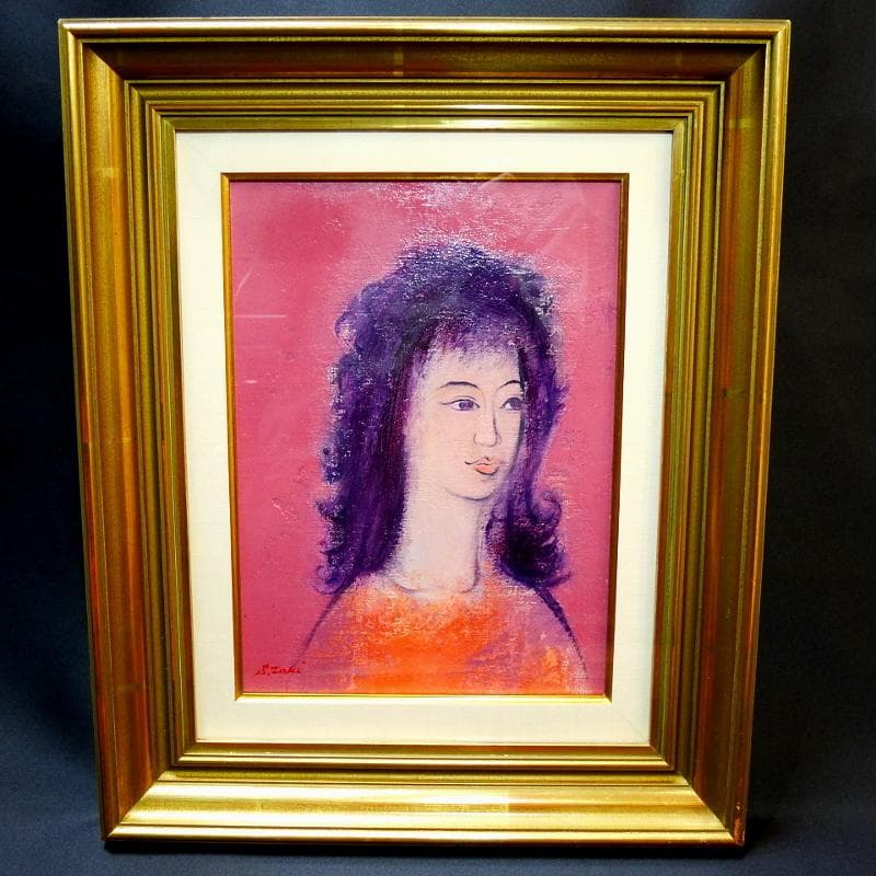 滝沢真吾・油彩画「赤衣の人」/ 直筆サイン有り / 額装品