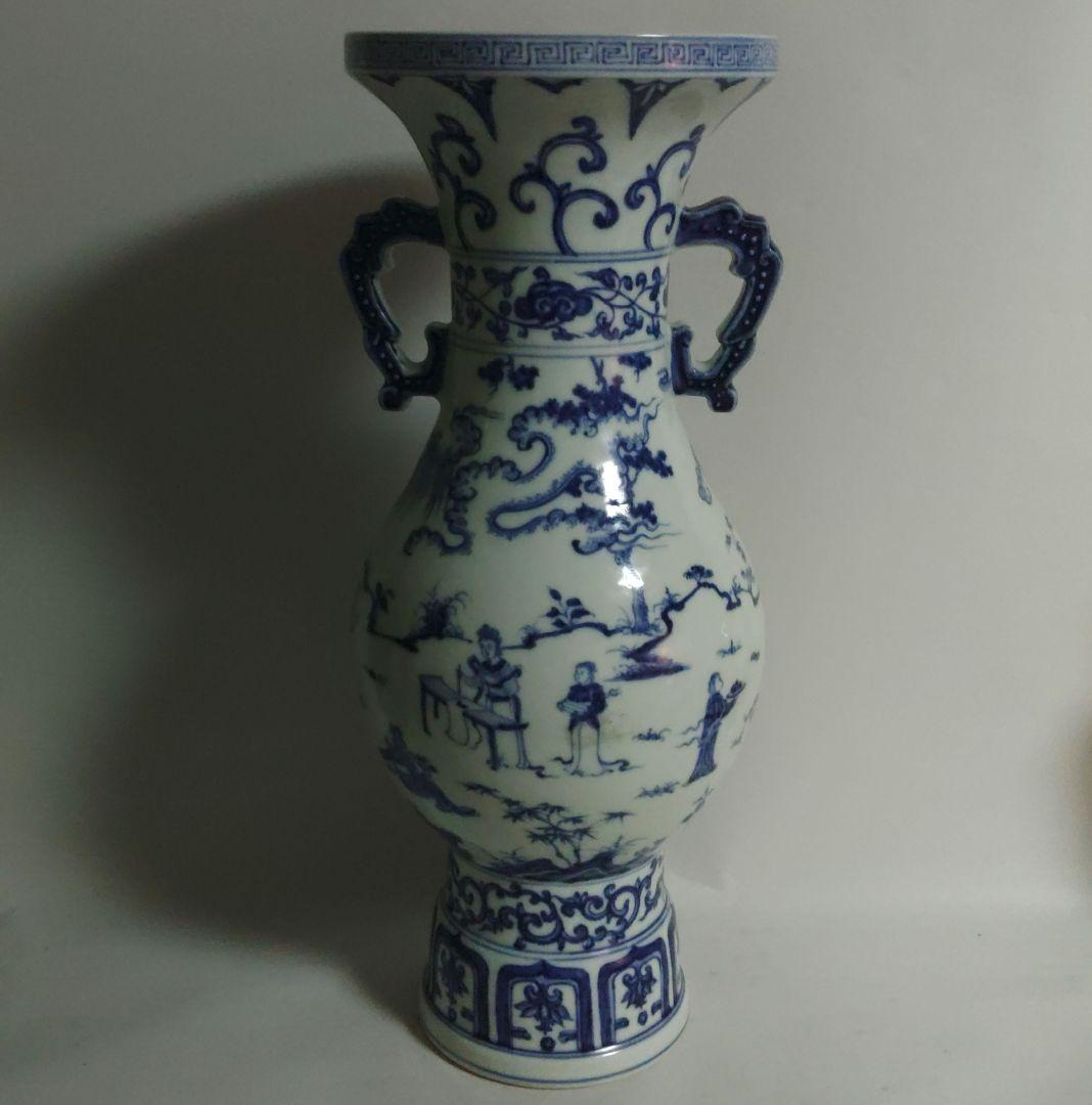 大明弘治年製　壺　花入　染付　中国　双耳盤口瓶　清朝　高さ約35.5cm