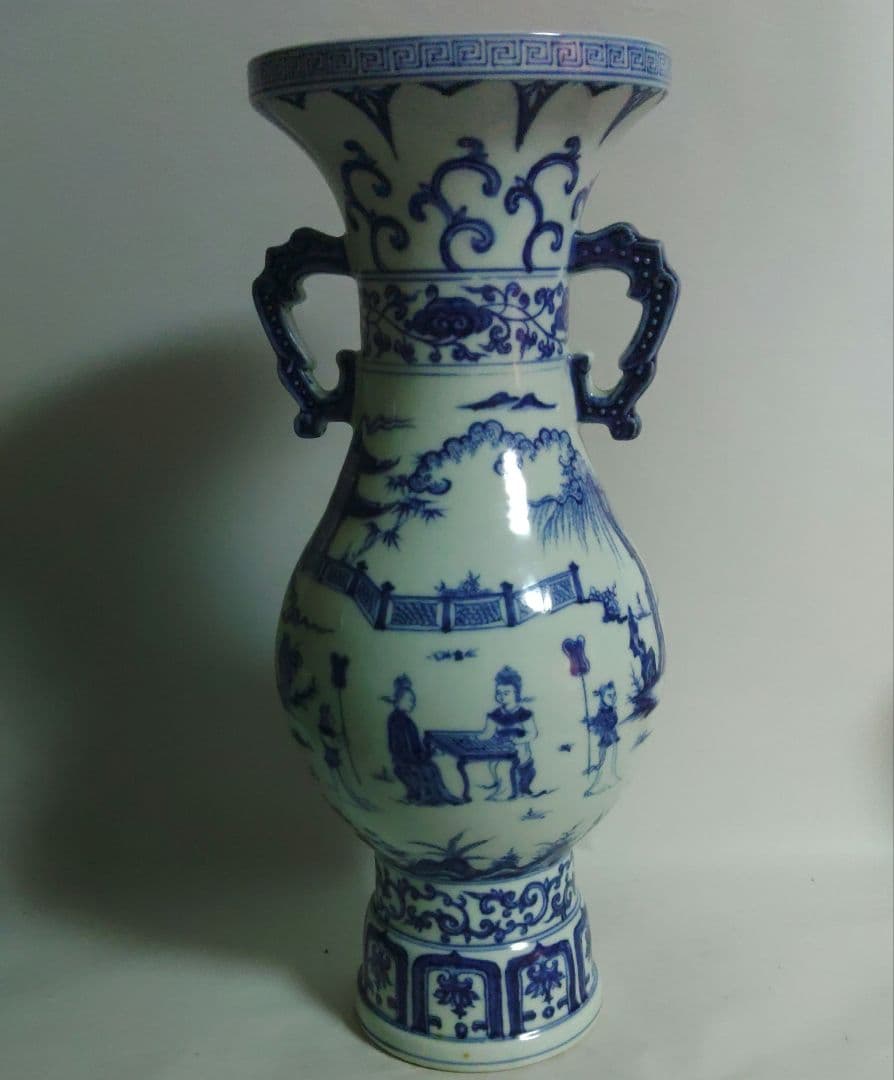 大明弘治年製　壺　花入　染付　中国　双耳盤口瓶　清朝　高さ約35.5cm