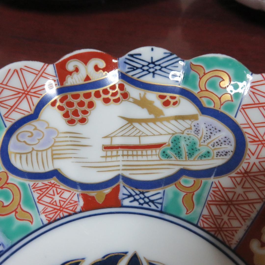 丸皿 林九郎 三方割元禄地紋 和文 花弁縁 色絵付 金彩 5枚