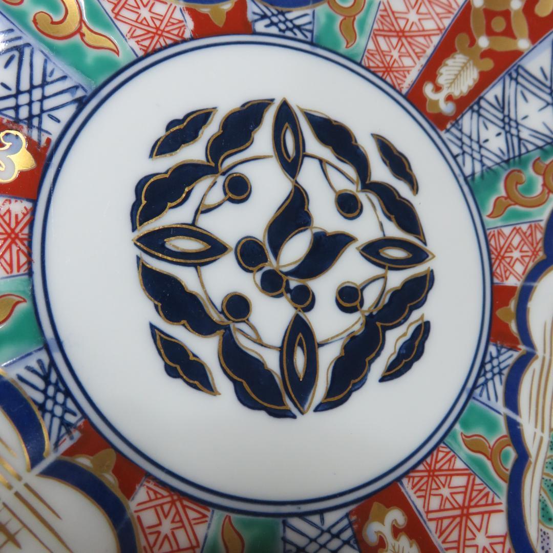 丸皿 林九郎 三方割元禄地紋 和文 花弁縁 色絵付 金彩 5枚