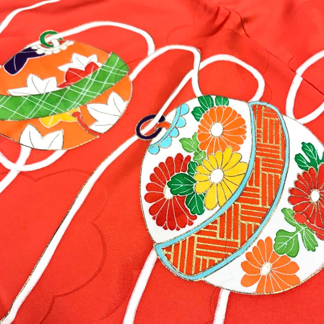 梅乃【082】正絹　7歳　四つ身　着物　朱色　鈴　手描き友禅　本加工　上質