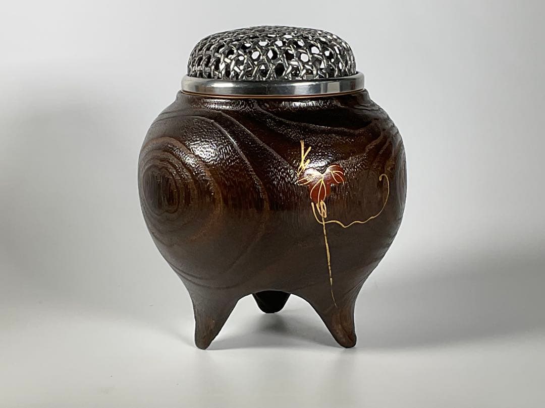 桐蒔絵　香炉　蔦に鳥　銅おとし　茶道具　香道具　共箱