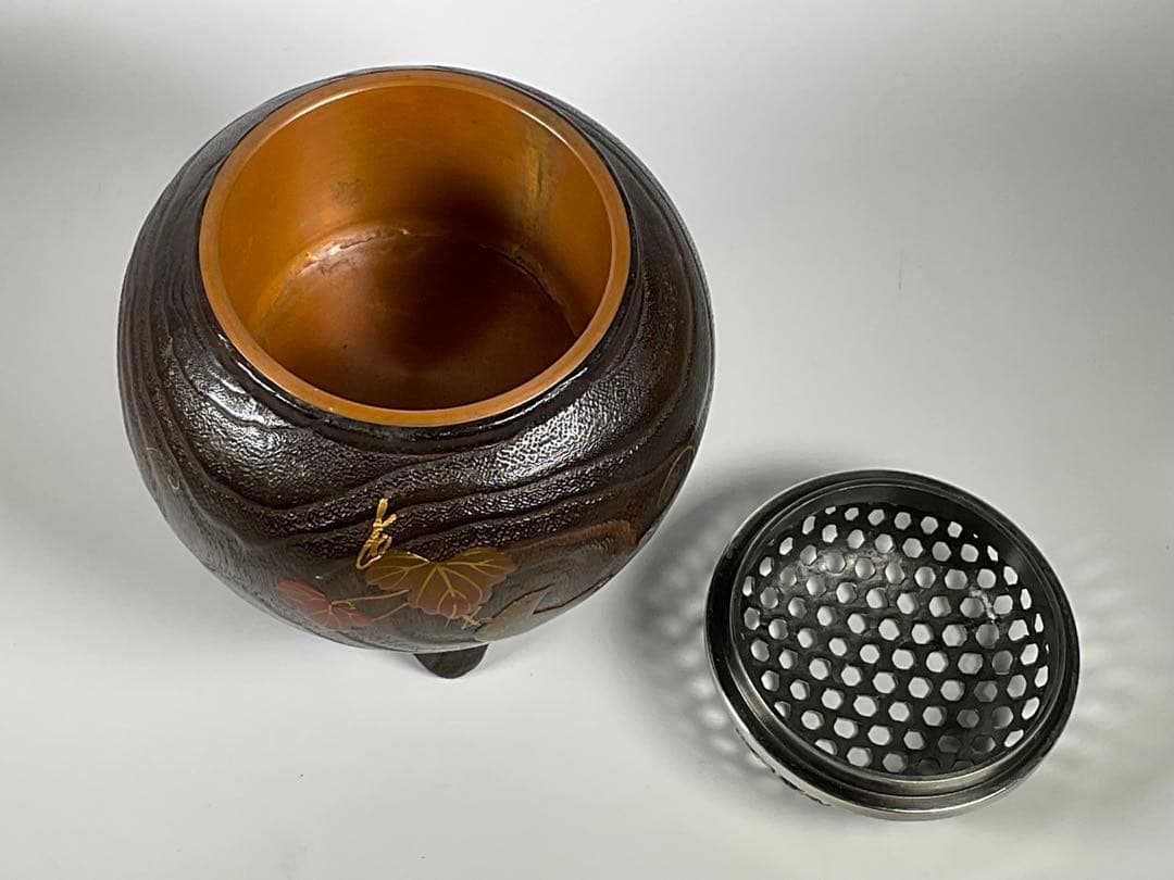 桐蒔絵　香炉　蔦に鳥　銅おとし　茶道具　香道具　共箱
