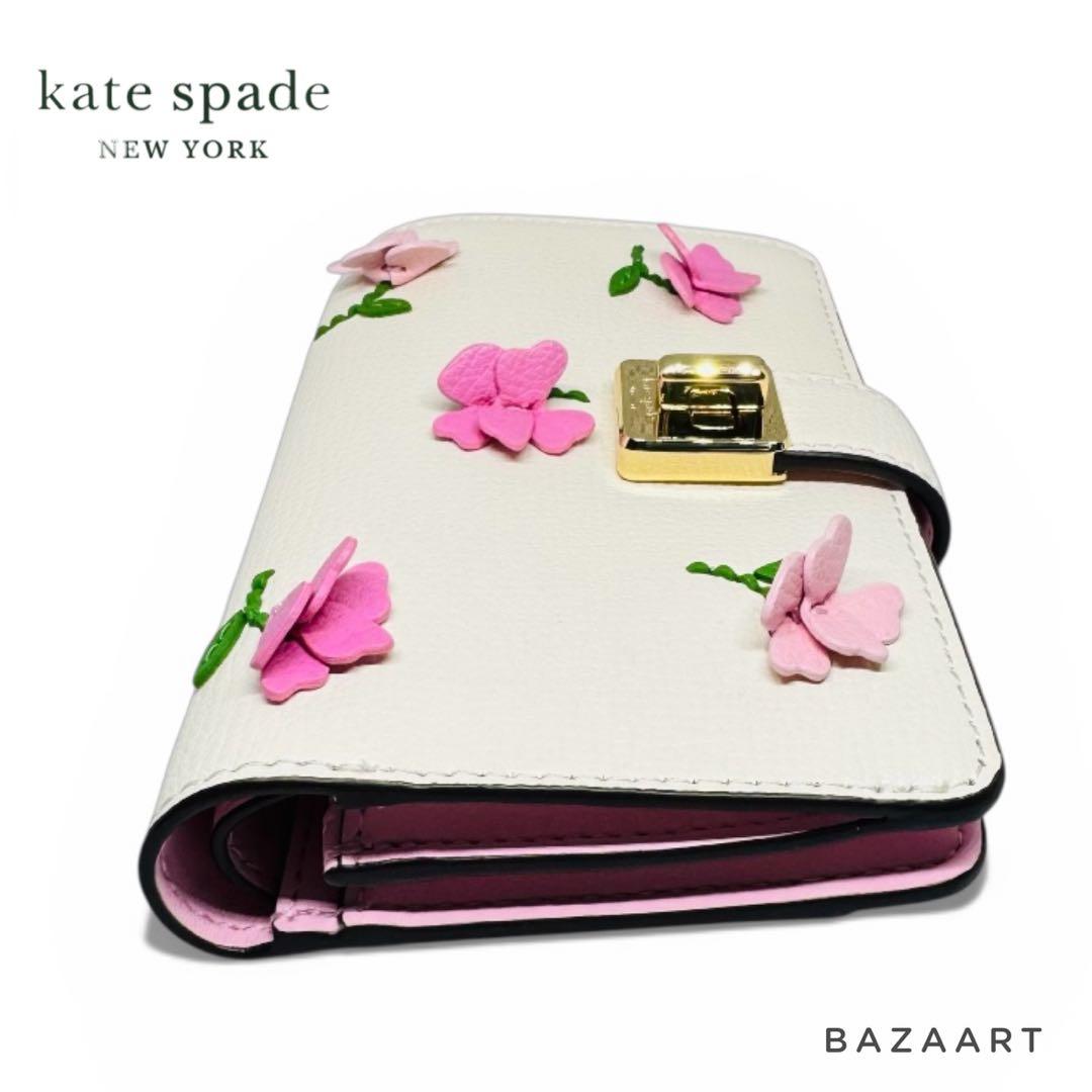 kate spade ケイトスペード 二つ折り財布 レザー フローラルアップリケ