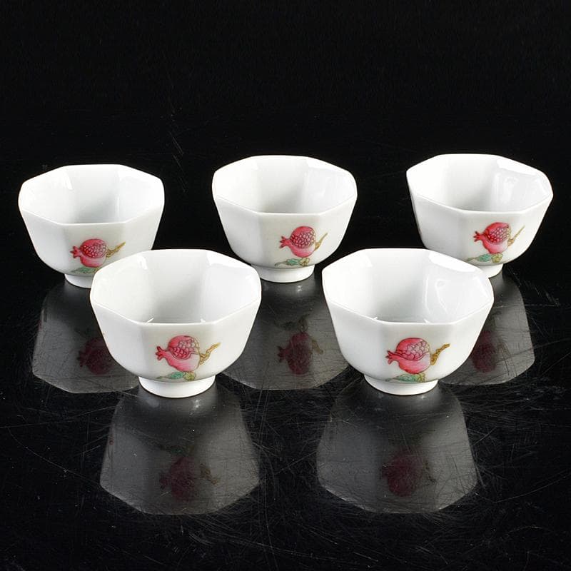 中国　同治年製款　粉彩　螽斯柘榴文　八角煎茶碗　五客　時代箱付　M　R6249E