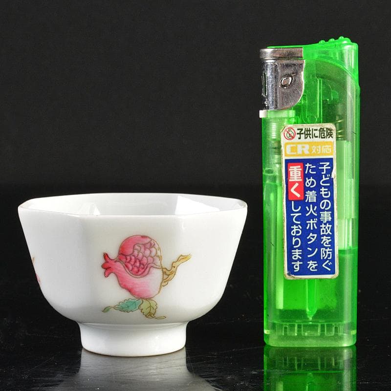 中国　同治年製款　粉彩　螽斯柘榴文　八角煎茶碗　五客　時代箱付　M　R6249E