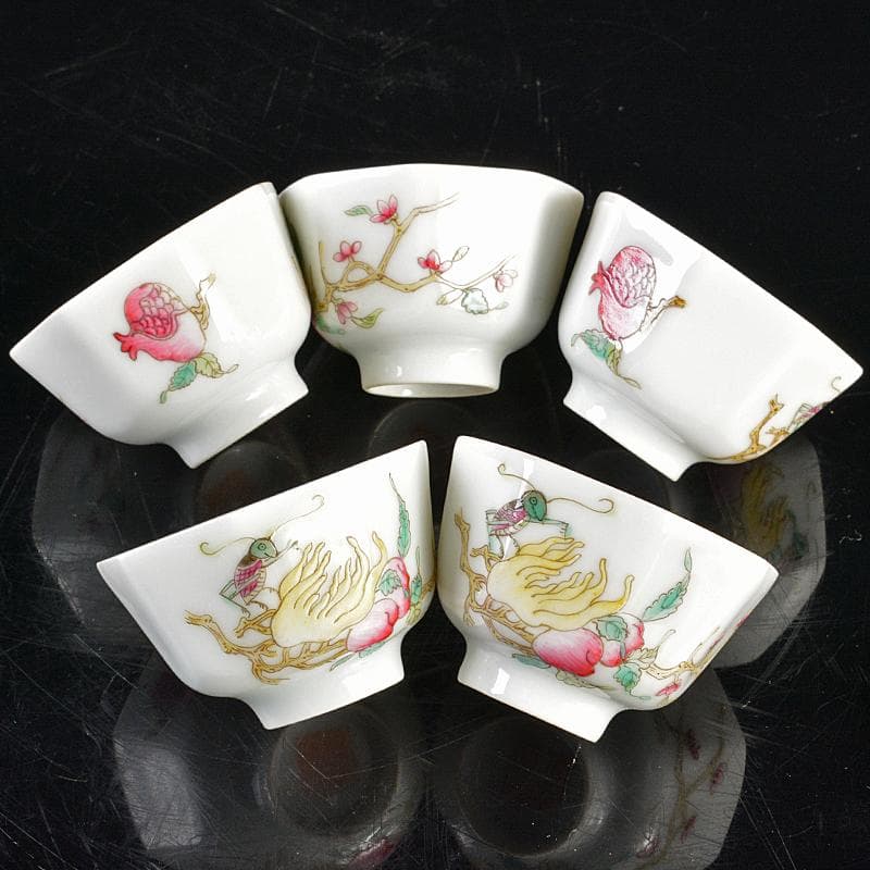 中国　同治年製款　粉彩　螽斯柘榴文　八角煎茶碗　五客　時代箱付　M　R6249E