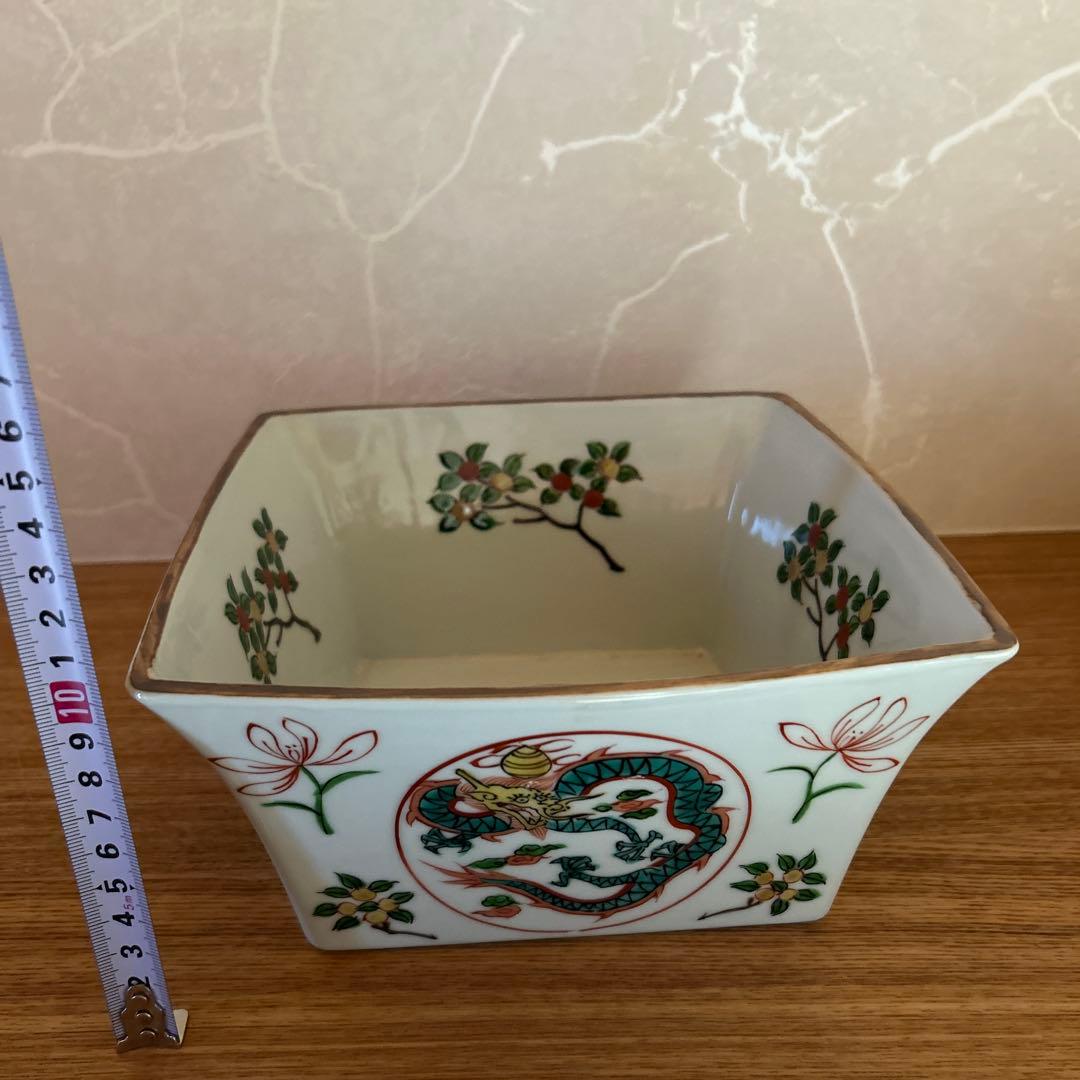 平安静山造　赤絵萬暦枡　水指　富田静山　茶道具　蓋付き