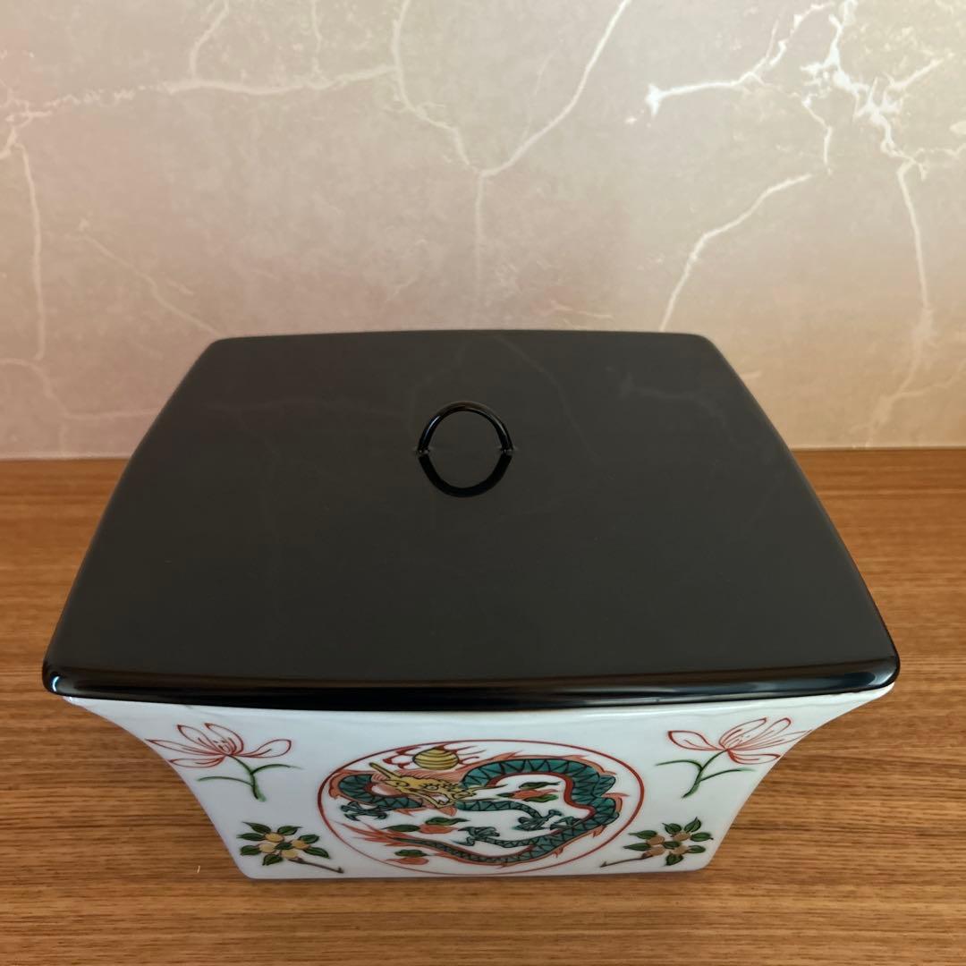 平安静山造　赤絵萬暦枡　水指　富田静山　茶道具　蓋付き