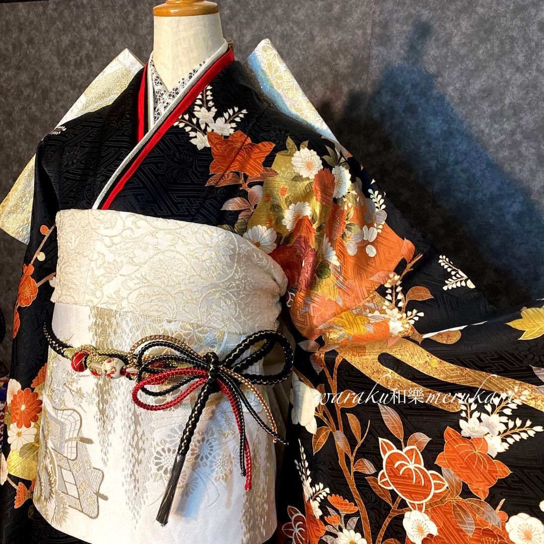 ◾️黒地橘牡丹鶴紋地紋入り正絹◾️金駒金彩加工◾️逸品新品袋帯お仕立て付き◾️フルセット