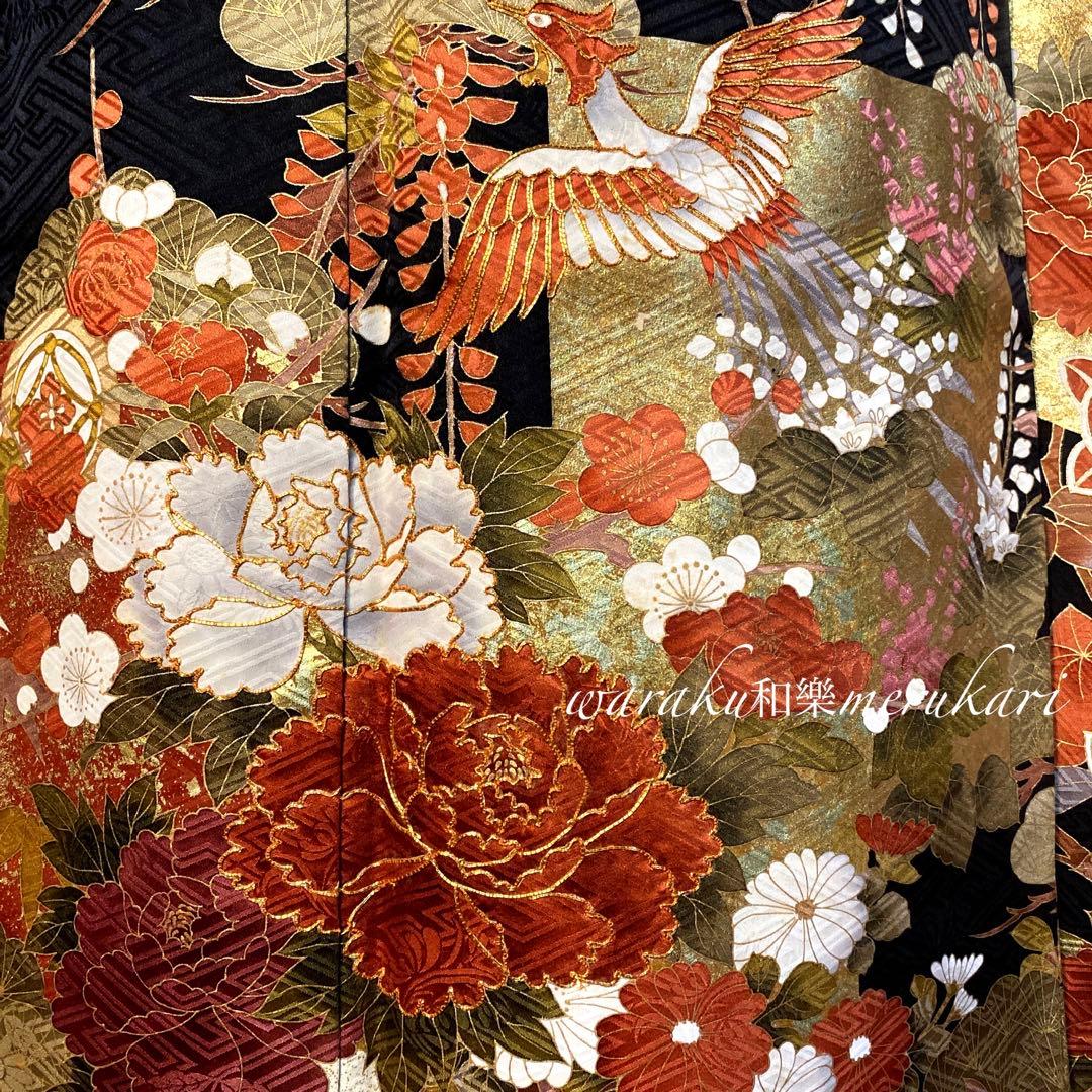 ◾️黒地橘牡丹鶴紋地紋入り正絹◾️金駒金彩加工◾️逸品新品袋帯お仕立て付き◾️フルセット