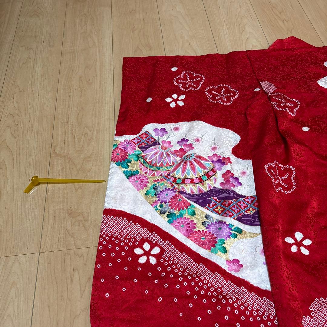 161 正絹　真紅×絞り　疋田　7歳 七五三着物フルセット　和装小物　袋帯