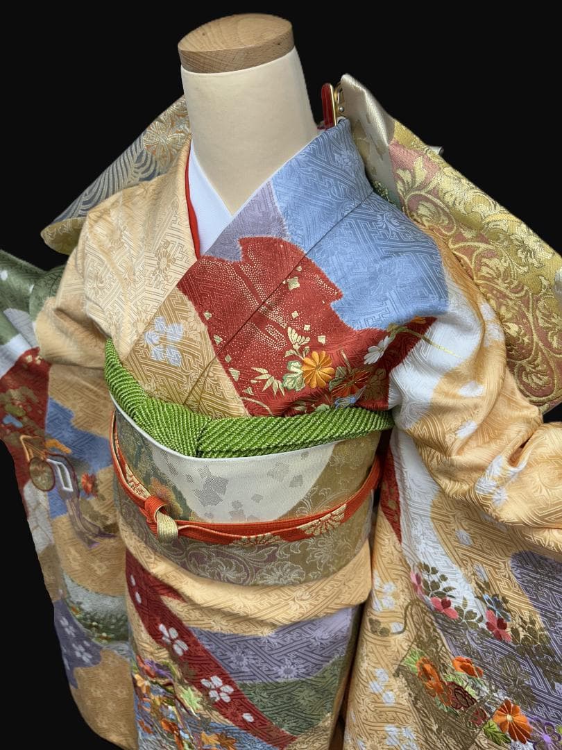 逸品 千總 桶絞り 刺繍 薄黄色オレンジ地染め分け振袖 単品