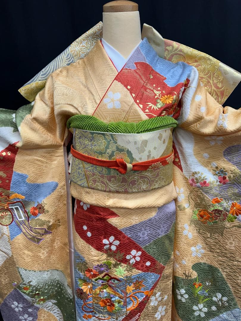 逸品 千總 桶絞り 刺繍 薄黄色オレンジ地染め分け振袖 単品