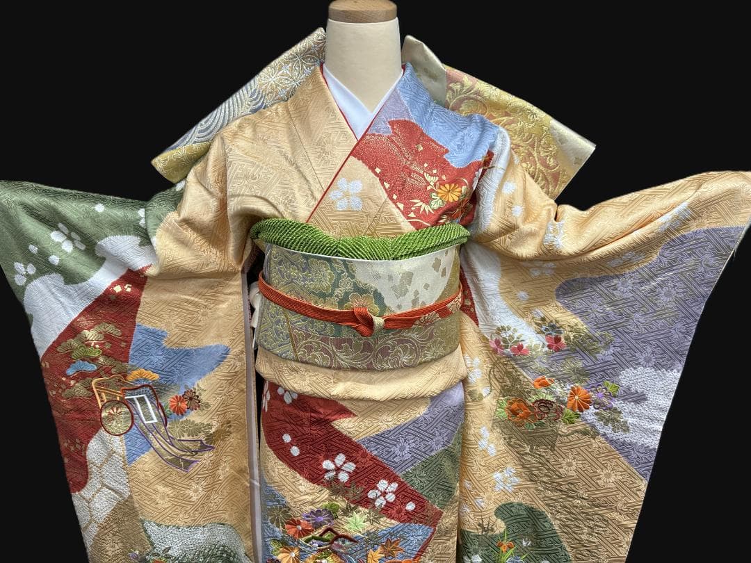 逸品 千總 桶絞り 刺繍 薄黄色オレンジ地染め分け振袖 単品