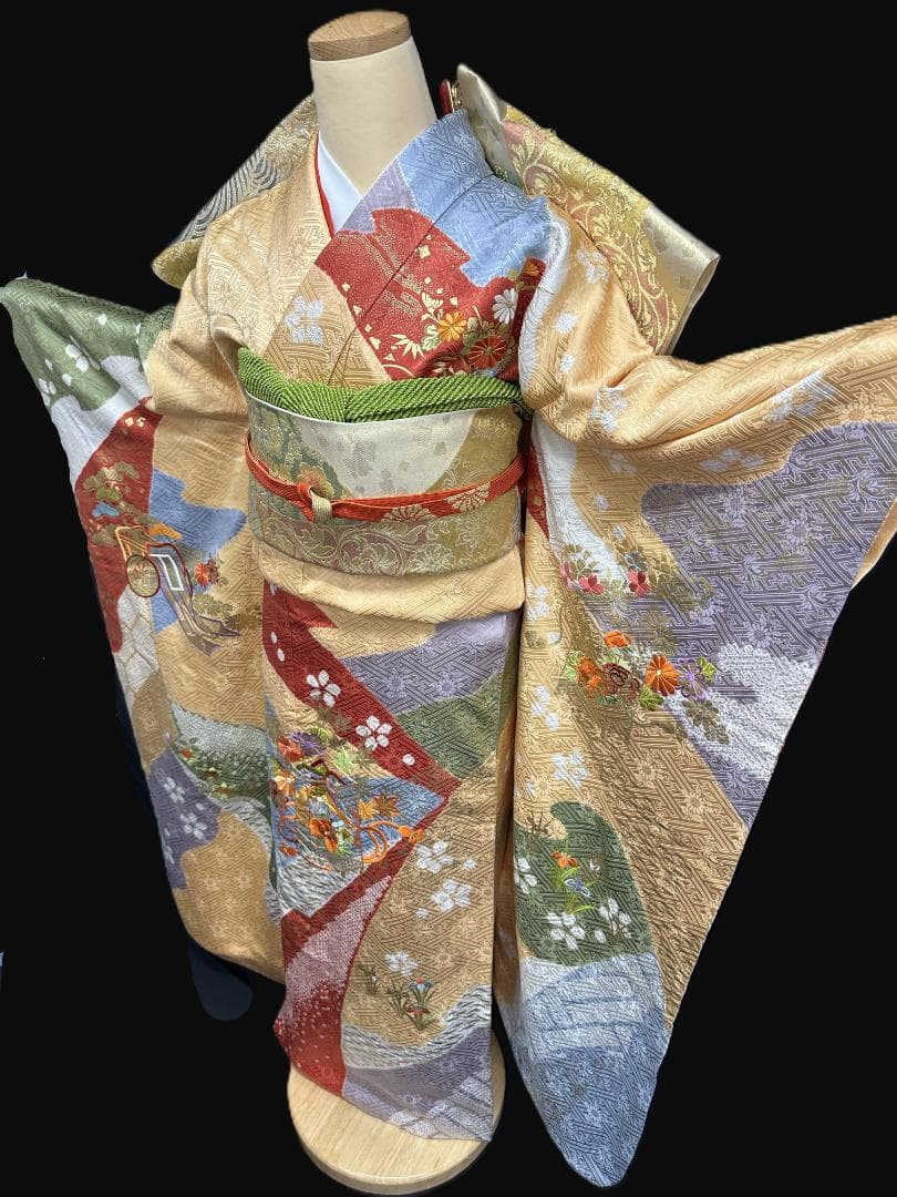 逸品 千總 桶絞り 刺繍 薄黄色オレンジ地染め分け振袖 単品