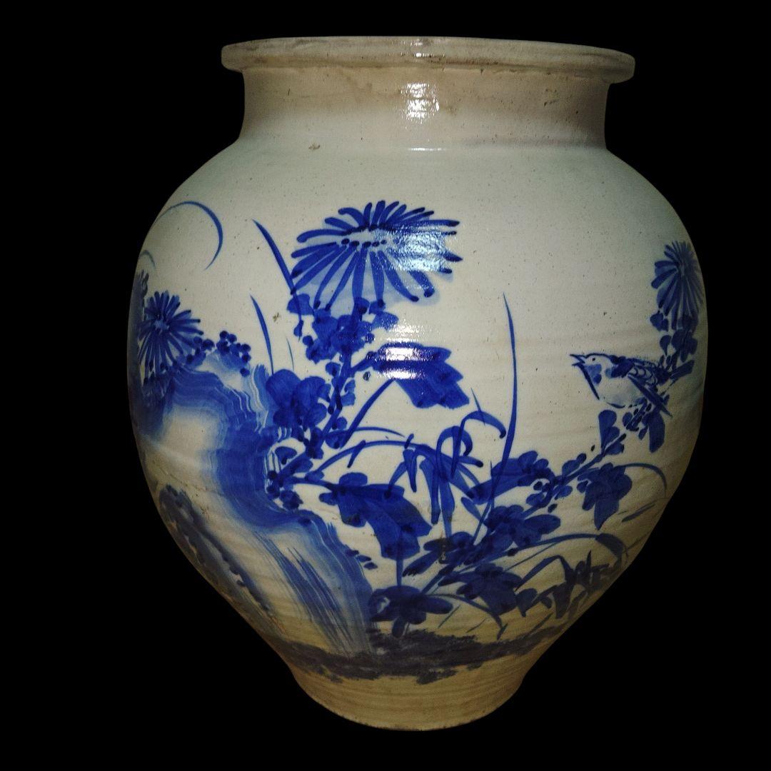 越後豊栄　太丘焼　四君子染付壺　明治美術　骨董品