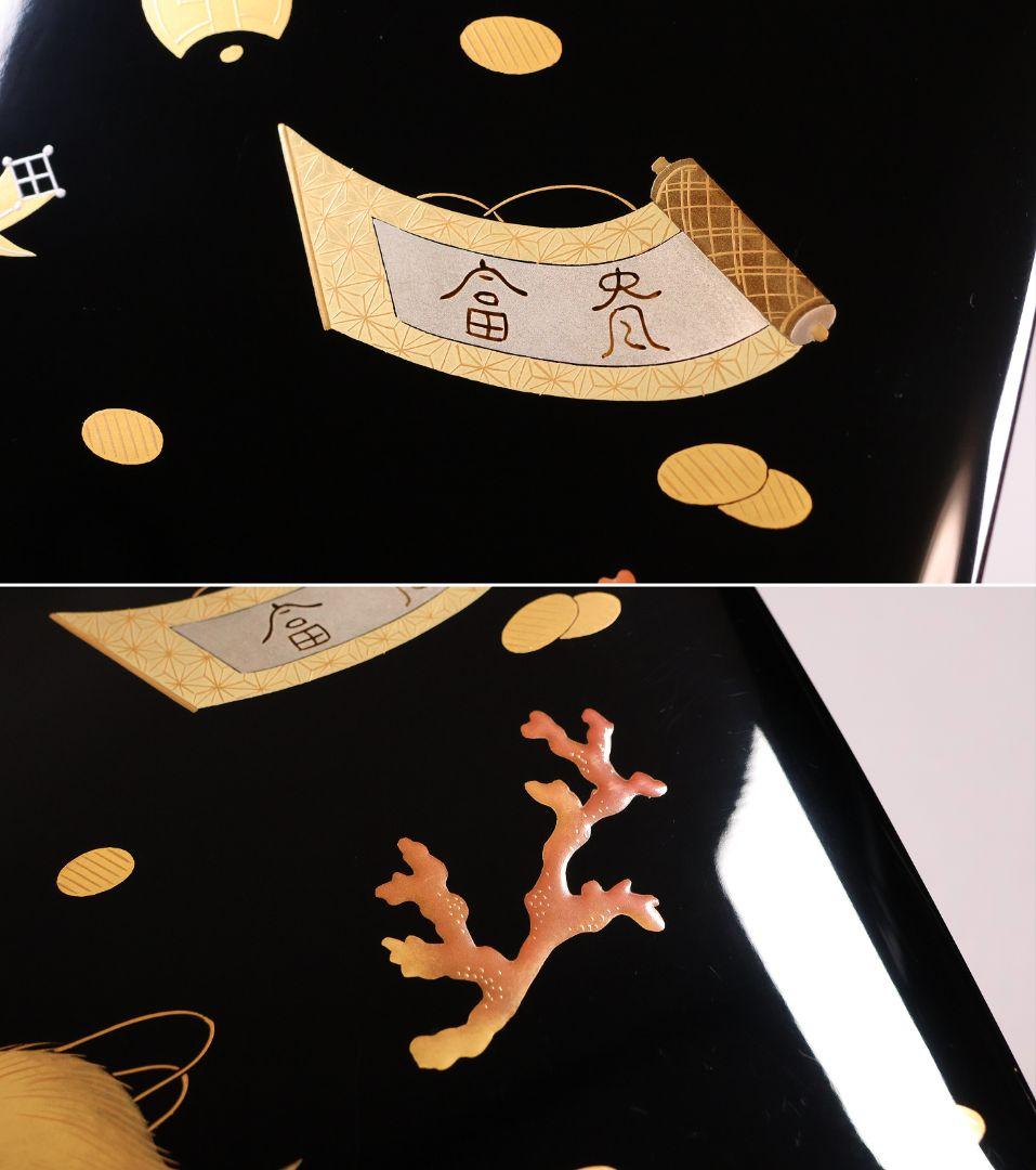 【MA941】輪島塗 宝尽くし蒔絵 二段重 木製漆器 漆芸 重箱 金蒔絵 黒 朱