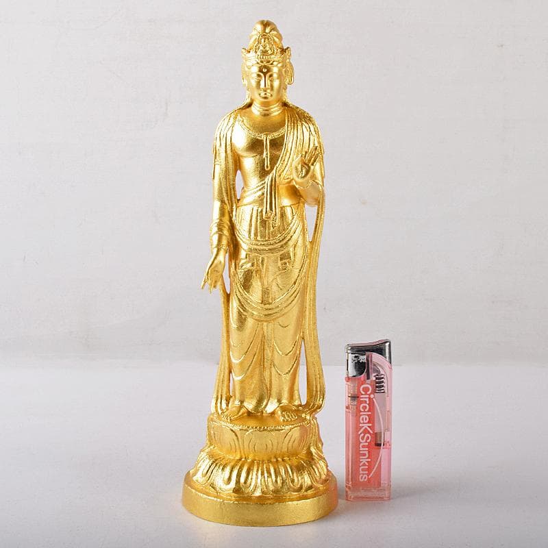 彫刻家　北村西望作　銅塗金　聖観音菩薩像　台付　北村治禧識箱　D　R8174